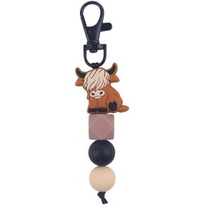 Fuqimanman2020 Highland Cow Wristlet Keychain Cattle Silicone Bead Tassel Keyring for Women