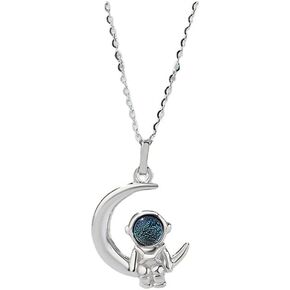 Astronaut Crescent Moon Blue Galaxy Tiny Pendant Choker Necklace for Women Teen Girls S925 Sterling Silver Dainty Cute Chain Fashion Jewelry Gifts Daughter Sister Birthday Xmas 18"