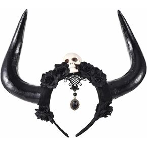 Qhome Handmade Halloween Costume Bulls Horns Headband Skull Black Rose Taurus Pointed Fight Minotaur Ox Horn Headpiece Cosplay