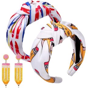 Teacher Headbands for Women, Pencil Apple Printed Wide Knotted Headbands, Teacher Appreciation Gifts, Back To School Hair Accessory Gifts in Kuwait