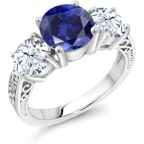 Gem Stone King 925 Sterling Silver Blue Created Sapphire and White Created Sapphire 3-Stone Ring For Women (4.50 Cttw, Available in size 5, 6, 7, 8, 9)