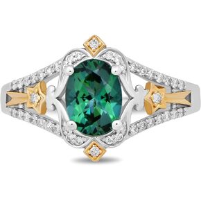 Jewelili Enchanted Disney Fine Jewelry 10K Yellow Gold and Sterling Silver 8x6 MM Oval Created Emerald and 1/5 Cttw Natural White Diamond Tinkerbell Ring