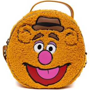Disney Bag, Crossbody, Round, The Muppets Fozzie Bear Face Character Close Up Faux Fur, Brown, Vegan Leather