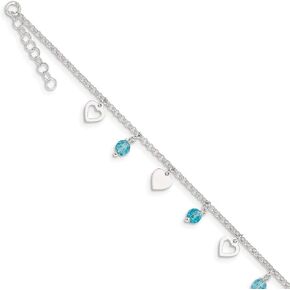 The Black Bow Black Bow Jewelry Sterling Silver Heart and Blue Glass Bead Adjustable Anklet, 9 Inch