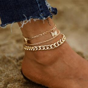 Zeshimb Layered Butterfly Anklet Punk Cuban Link Ankle Bracelets Gold Figaro Chain Anklet Twist Chain Anklet Summer Beach Barefoot Foot Chain Jewelry for women Girls