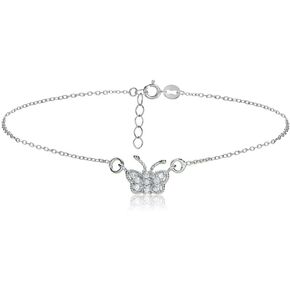 Hoops & Loops 925 Sterling Silver Cubic Zirconia Dainty Butterfly Chain Anklet for Women Teen Girls, Silver, Yellow Gold, Rose Gold