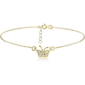 Hoops & Loops 925 Sterling Silver Cubic Zirconia Dainty Butterfly Chain Anklet for Women Teen Girls, Silver, Yellow Gold, Rose Gold