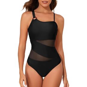 HEYTALALA One Piece Swimsuit Tummy Control One Shoulder Bathing Suits for Women Full Coverage Cutout Mesh Sexy Swimwear