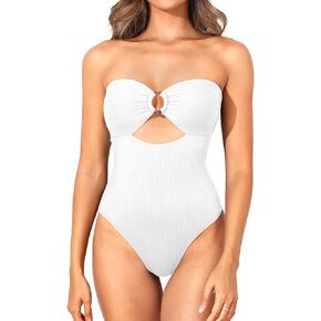 Holipick Ribbed Strapless Bandeau One Piece Swimsuits for Women Cutout Cheeky Bathing Suits