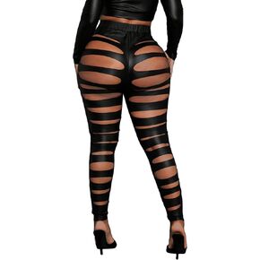 MakeMeChic Women's Cut Out PU Leather Leggings Ripped High Waist Skinny Pants in Kuwait