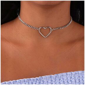 Erimberate Vintage Love Heart Choker Necklace Silver Hollow Heart Pendant Necklace Punk Heart Collar Chain Necklace Silver Curb Chain Necklace Jewelry for Women and Girls