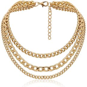 Vintage Style Gold Silver Thick Chunky Chain Layered Necklaces Choker Hollow out Round Circle Inlaid Crystal Pendant Necklaces for Women Girls Elegant Jewelry