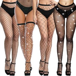 Sexy Fishnet Thigh High Stockings For Women Girls Valentine's Gifts Plus Size Tights Hosiery Sparkly Rhinestone