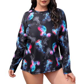 Halcurt Women's Plus Size Long Sleeve Rash Guard UPF 50+ Loose Fit Swimsuit Top