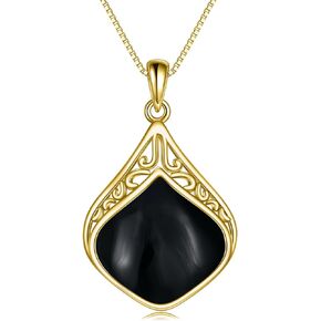 YAFEINI Black Onyx Necklace for Women Sterling Silver 18K Yellow Gold Plated Black Opal Filigree Boho Pendant Necklace Jewelry Gifts for Girls
