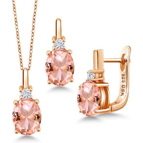 Gem Stone King 6.20 Ct Peach Nano Morganite G-H Lab Grown Diamond 18K Rose Gold Plated Silver Pendant and Earrings Jewelry Set