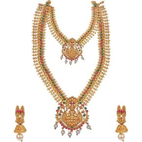 Shining Jewel - By Shivansh Bodha Tradtional Indian Handcrafted Antique Gold Plated Temple Jewellery Combo Bridal Dulhan Necklace Set With Matching Earring & Pearls For Women (SJ_2946) in Saudi Arabia