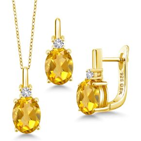 Gem Stone King 18K Yellow Gold Plated Silver Yellow Citrine and White Created Sapphire Pendant and Earrings Jewelry Set For Women (4.55 Cttw, with 18 Inch Chain)