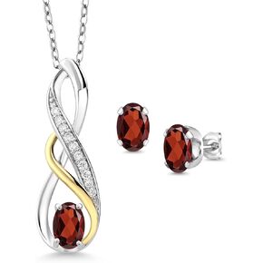 Gem Stone King 1.78 Ct Red Garnet G-H Lab Grown Diamond 925 Silver and 10K Yellow Gold Pendant and Earrings Jewelry Set