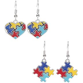 جي جي فايندز اقراط للتوعية بالتوحد، مجموعتان، قطعة احجية مطلية بالمينا وقلب بلون فضي in Kuwait