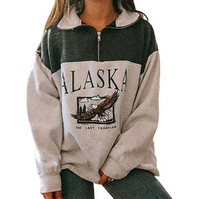 COOLMONAR Women Oversized Sweatshirt ALASKA Eagle Letter Collar Hoodie 1/4 Zipper Pullover Aesthetic Vintage Jacket