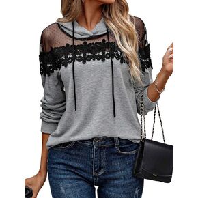 SweatyRocks Women's Sheer Mesh Long Sleeve Drawstring Hoodie Floral Lace Pullover Sweatshirt in Kuwait