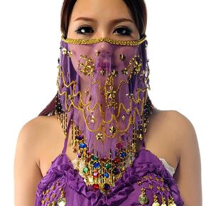 Baisdan Face Veils Belly Dance Costumes Mesh Face Veil with Beaded Halloween Costume Accessory (pure purple)