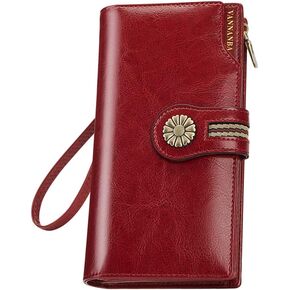 VANNANBA Large Capacity Clutch Wallet For Women RFID Blocking Waxed Genuine Leather Zipper Wallet Ladies Card holder (red)