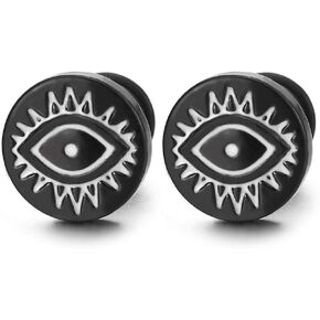 10MM Stainless Steel Black White Evil Eye Circle Stud Earrings for Men Women, Screw Back, 2pcs
