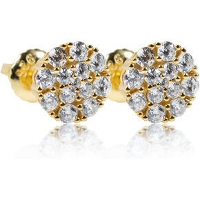 Mens Small Trendy Round 14k Yellow Gold Plated 925 Sterling Silver Micro Tiny Hip Hop Circle Shape Iced 5A CZ Flower Cluster Screw Back Earrings For Men Women