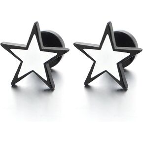 Stainless Steel Black White Stars Pentagram Stud Earrings for Men Women, Screw Back, 1 Pair