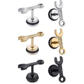 Cottvott Mens Womens Tool Wrench Surgical Steel Earrings Studs Black Gold Silver Color
