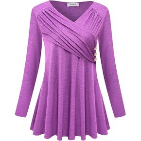 Womens Long Sleeve Ruched Cross-Front V Neck Tunics Casual Tops