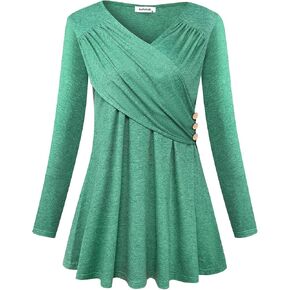 Womens Long Sleeve Ruched Cross-Front V Neck Tunics Casual Tops in Kuwait