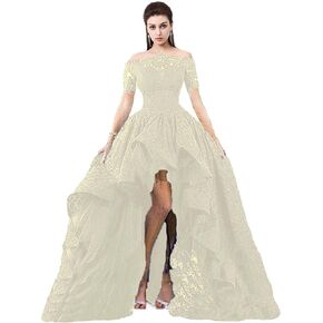 Lace Prom Dress Black Short Sleeve Hi Lo Evening Dress Off The Shoulder Formal Gown