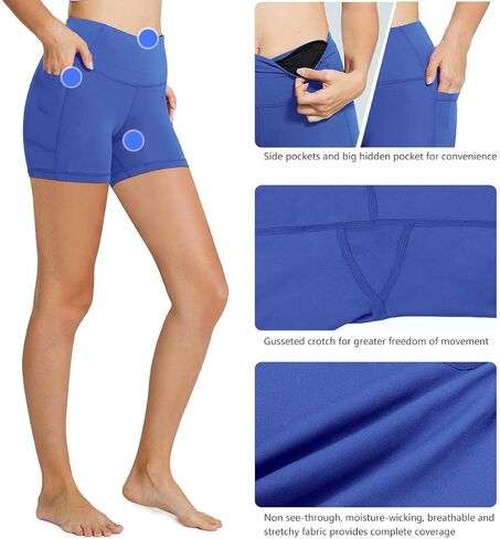 BALEAF Biker Shorts Women Yoga Gym Workout Spandex Running Volleyball Tummy Control Compression Shorts with Pockets 5" Earth Blue L in Saudi Arabia