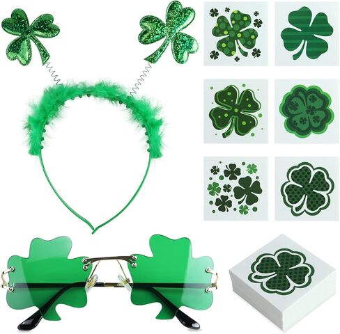 رتودان شريط راس بنمط نبات النفل الاخضر لعيد القديس باتريك ونظارة شمس خضراء من 72 قطعة من ملصقات التاتو لاكي شامروك لتزيين الحفلات الايرلندية القديس باتريك in Kuwait