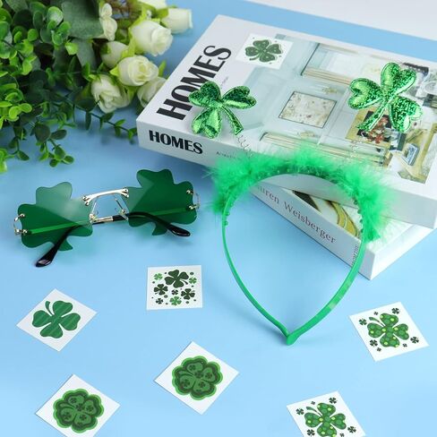 رتودان شريط راس بنمط نبات النفل الاخضر لعيد القديس باتريك ونظارة شمس خضراء من 72 قطعة من ملصقات التاتو لاكي شامروك لتزيين الحفلات الايرلندية القديس باتريك in Kuwait