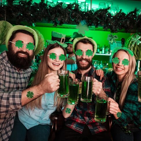 رتودان شريط راس بنمط نبات النفل الاخضر لعيد القديس باتريك ونظارة شمس خضراء من 72 قطعة من ملصقات التاتو لاكي شامروك لتزيين الحفلات الايرلندية القديس باتريك in Kuwait