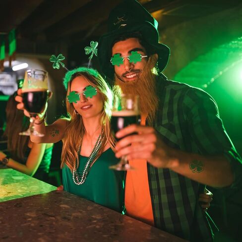 رتودان شريط راس بنمط نبات النفل الاخضر لعيد القديس باتريك ونظارة شمس خضراء من 72 قطعة من ملصقات التاتو لاكي شامروك لتزيين الحفلات الايرلندية القديس باتريك in Kuwait