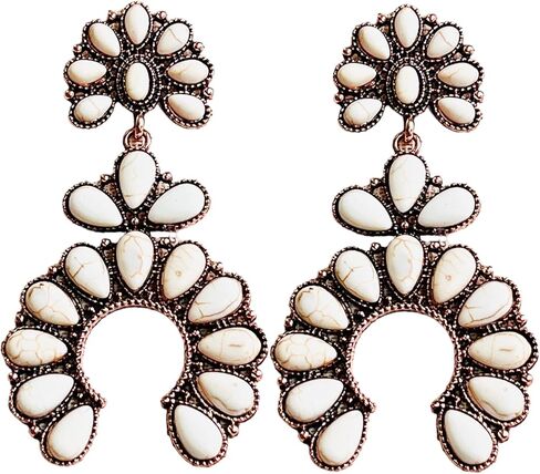 حلق كبير على الطراز الغربي الابيض من نيفيا، اقراط متدلية على شكل زهرة الاسكواش على شكل حدوة حصان متدلية بوهيميان بلون نحاسي اصلي بطول 3 انش، حجر طبيعي، حجر, حجر طبيعي, حجر in Kuwait