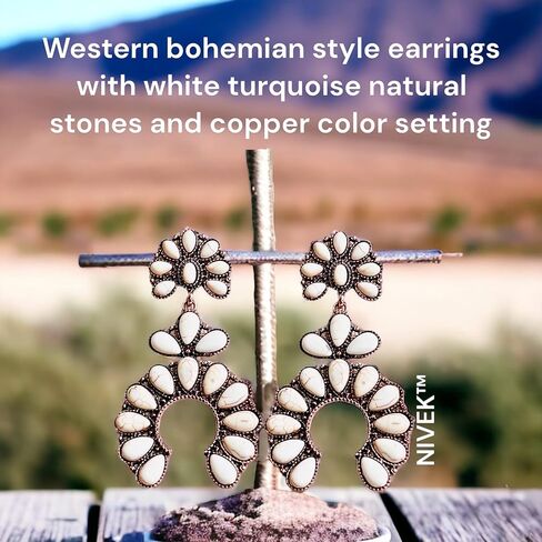 حلق كبير على الطراز الغربي الابيض من نيفيا، اقراط متدلية على شكل زهرة الاسكواش على شكل حدوة حصان متدلية بوهيميان بلون نحاسي اصلي بطول 3 انش، حجر طبيعي، حجر, حجر طبيعي, حجر in Kuwait