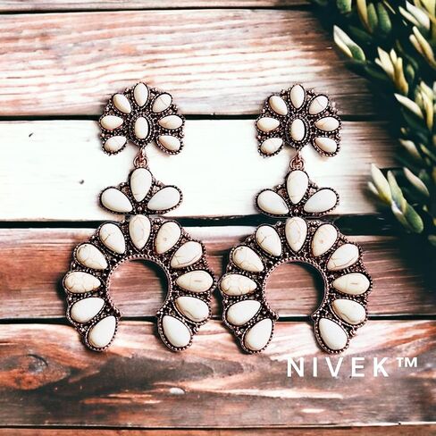 حلق كبير على الطراز الغربي الابيض من نيفيا، اقراط متدلية على شكل زهرة الاسكواش على شكل حدوة حصان متدلية بوهيميان بلون نحاسي اصلي بطول 3 انش، حجر طبيعي، حجر, حجر طبيعي, حجر in Kuwait