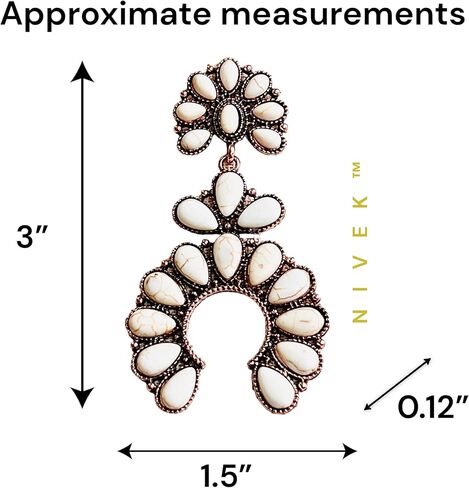 حلق كبير على الطراز الغربي الابيض من نيفيا، اقراط متدلية على شكل زهرة الاسكواش على شكل حدوة حصان متدلية بوهيميان بلون نحاسي اصلي بطول 3 انش، حجر طبيعي، حجر, حجر طبيعي, حجر in Kuwait