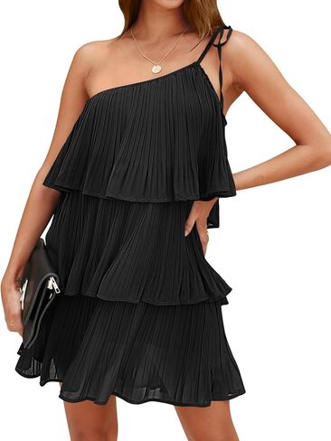 DEEP SELF Women's Summer One Shoulder Chiffon Mini Dress Casual Ruffle Pleated Tiered Flowy Short Dresses in Kuwait
