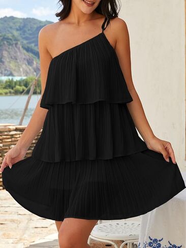 DEEP SELF Women's Summer One Shoulder Chiffon Mini Dress Casual Ruffle Pleated Tiered Flowy Short Dresses in Kuwait