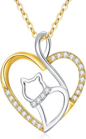 14K Real Gold Heart Necklace for Women,White/Yellow Gold Created Moissanite Cute Cat Heart Pendant Necklaces,Anniversary Birthday Love Jewelry Gifts for Wife Girlfriend 16"-18'', Gold, Moissanite in Saudi Arabia