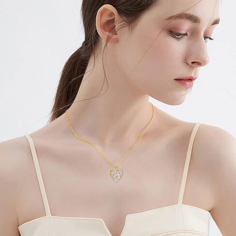 14K Real Gold Heart Necklace for Women,White/Yellow Gold Created Moissanite Cute Cat Heart Pendant Necklaces,Anniversary Birthday Love Jewelry Gifts for Wife Girlfriend 16"-18'', Gold, Moissanite in Saudi Arabia