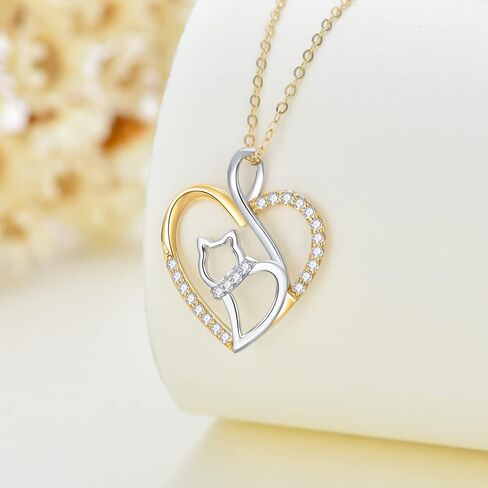 14K Real Gold Heart Necklace for Women,White/Yellow Gold Created Moissanite Cute Cat Heart Pendant Necklaces,Anniversary Birthday Love Jewelry Gifts for Wife Girlfriend 16"-18'', Gold, Moissanite in Saudi Arabia