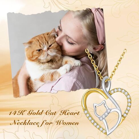 14K Real Gold Heart Necklace for Women,White/Yellow Gold Created Moissanite Cute Cat Heart Pendant Necklaces,Anniversary Birthday Love Jewelry Gifts for Wife Girlfriend 16"-18'', Gold, Moissanite in Saudi Arabia